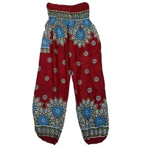 Sunflower Red Floral Medallion Harem Pants Smocked Waist Boho Rayon Free Size